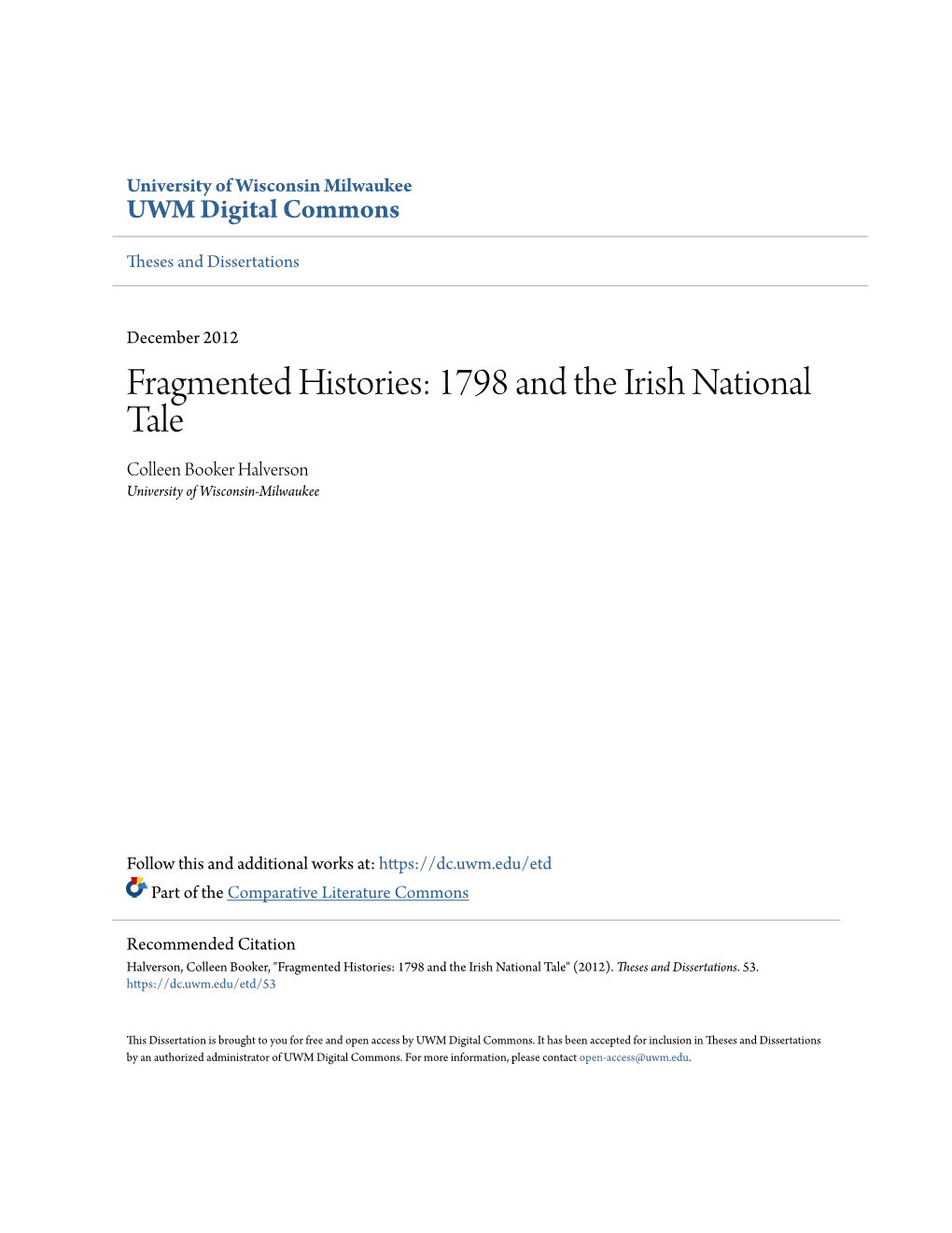 1798 and the Irish National Tale Colleen Booker Halverson University of Wisconsin-Milwaukee