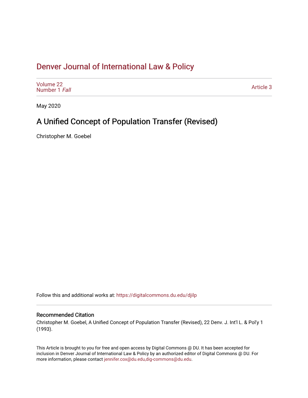 A Unified Concept of Population Transfer (Revised*) CHRISTOPHER M