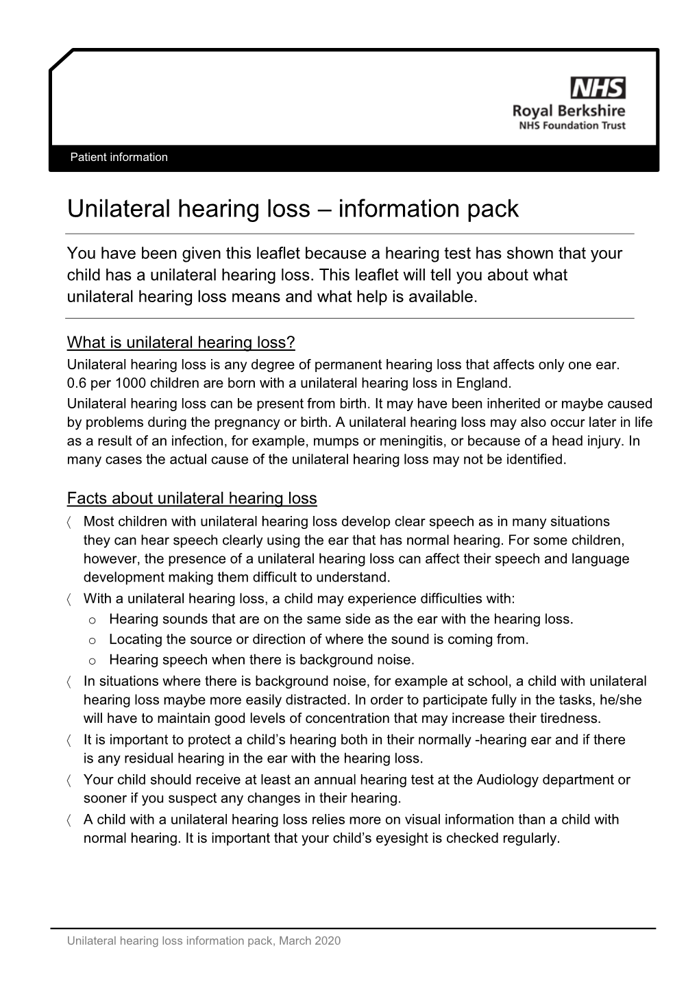Unilateral Hearing Loss – Information Pack