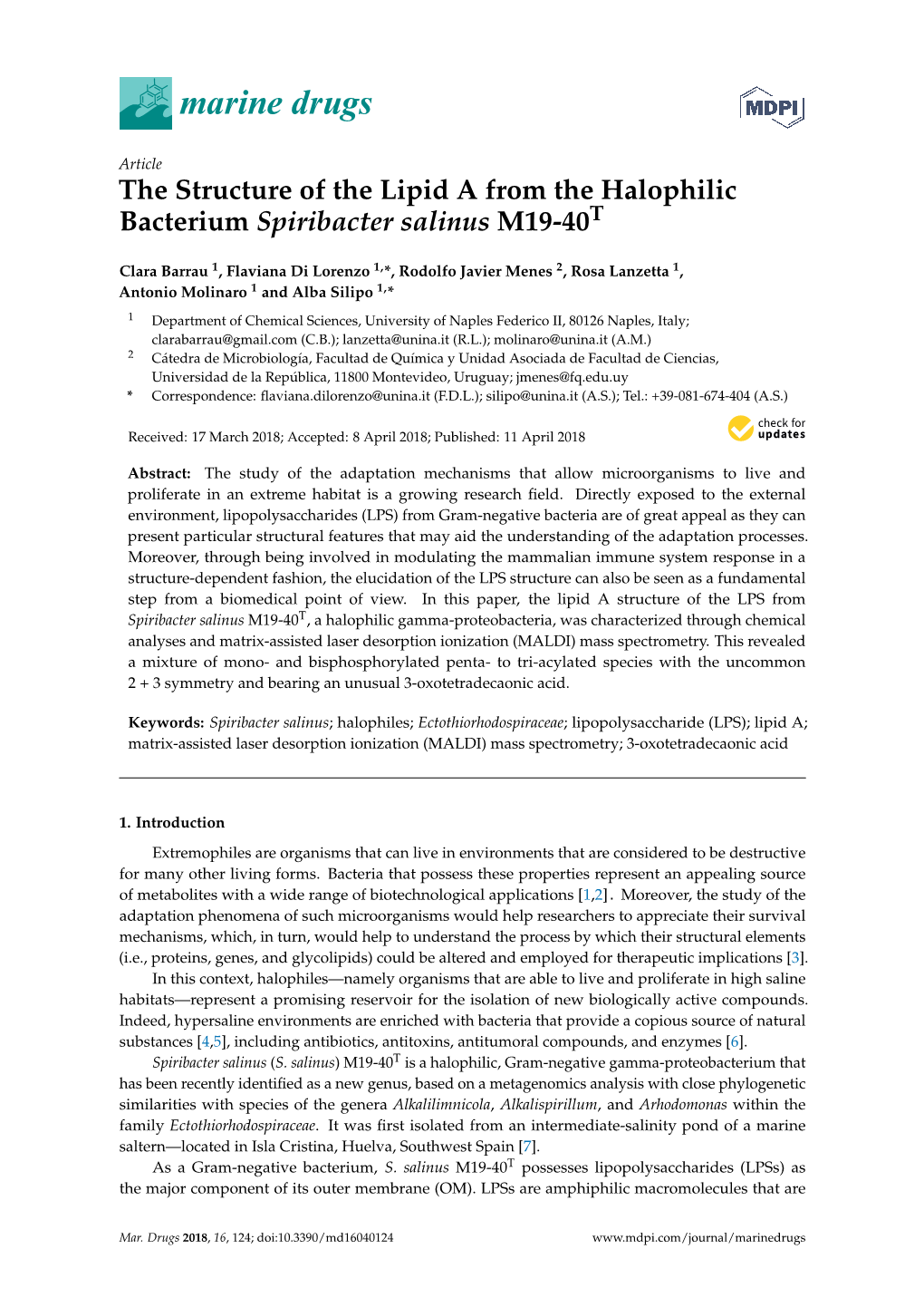 The Structure of the Lipid a from the Halophilic Bacterium Spiribacter Salinus M19-40T