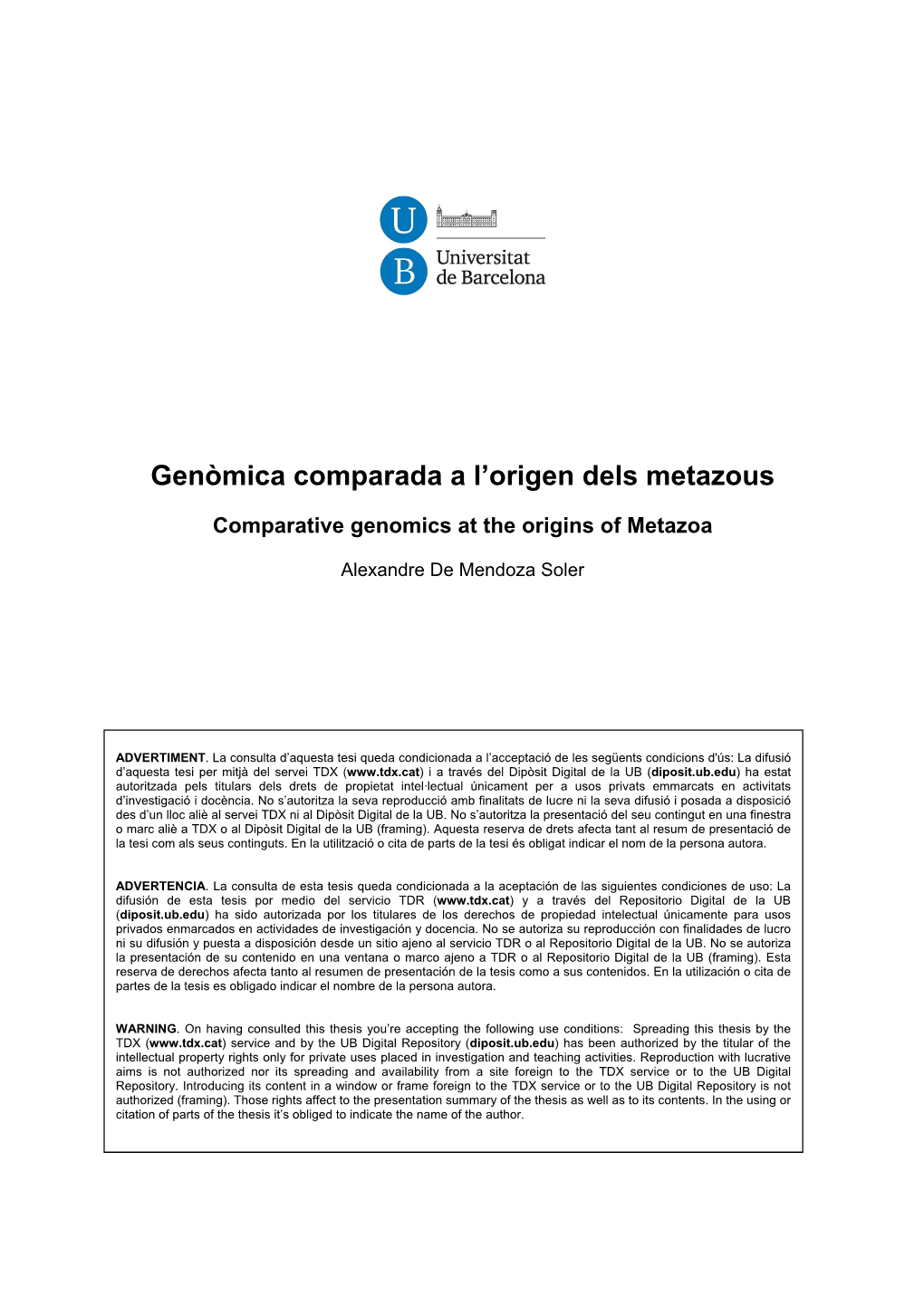 Genòmica Comparada a L'origen Dels Metazous