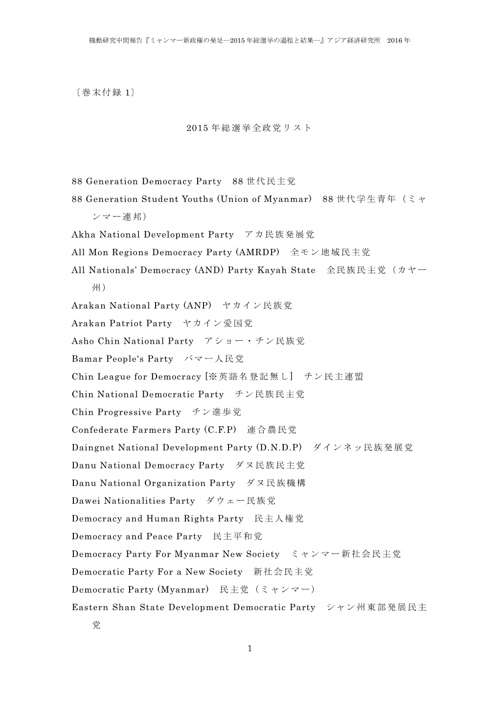 1 〔巻末付録 1〕 2015 年総選挙全政党リスト 88 Generation