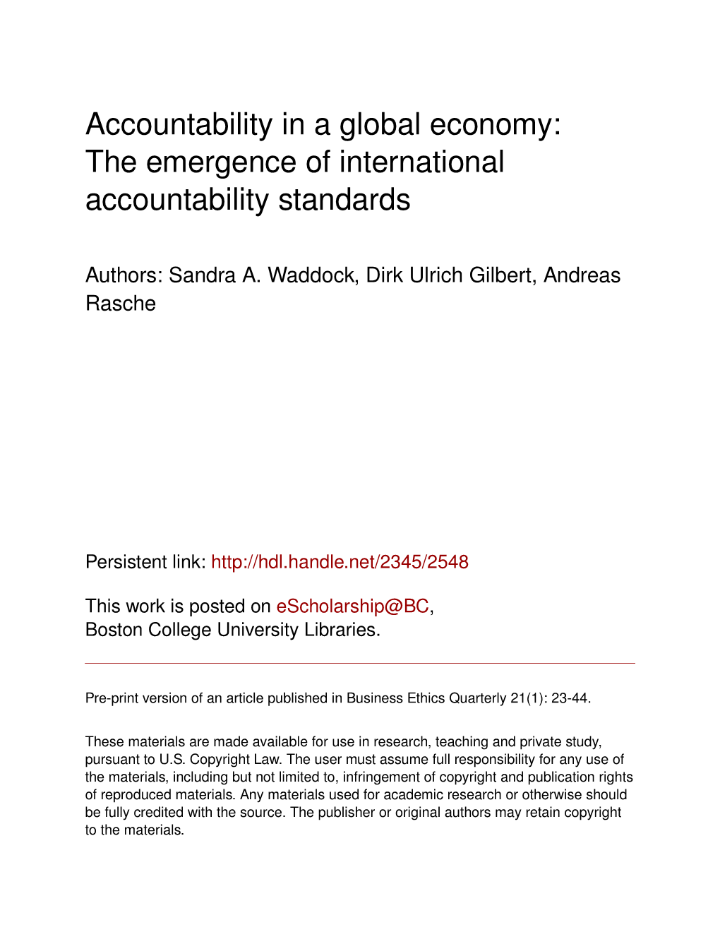Accountability in a Global Economy: the Emergence of International Accountability Standards