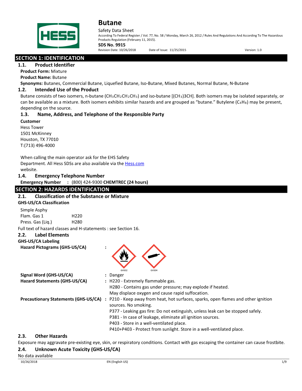 Butane Safety Data Sheet According to Federal Register / Vol