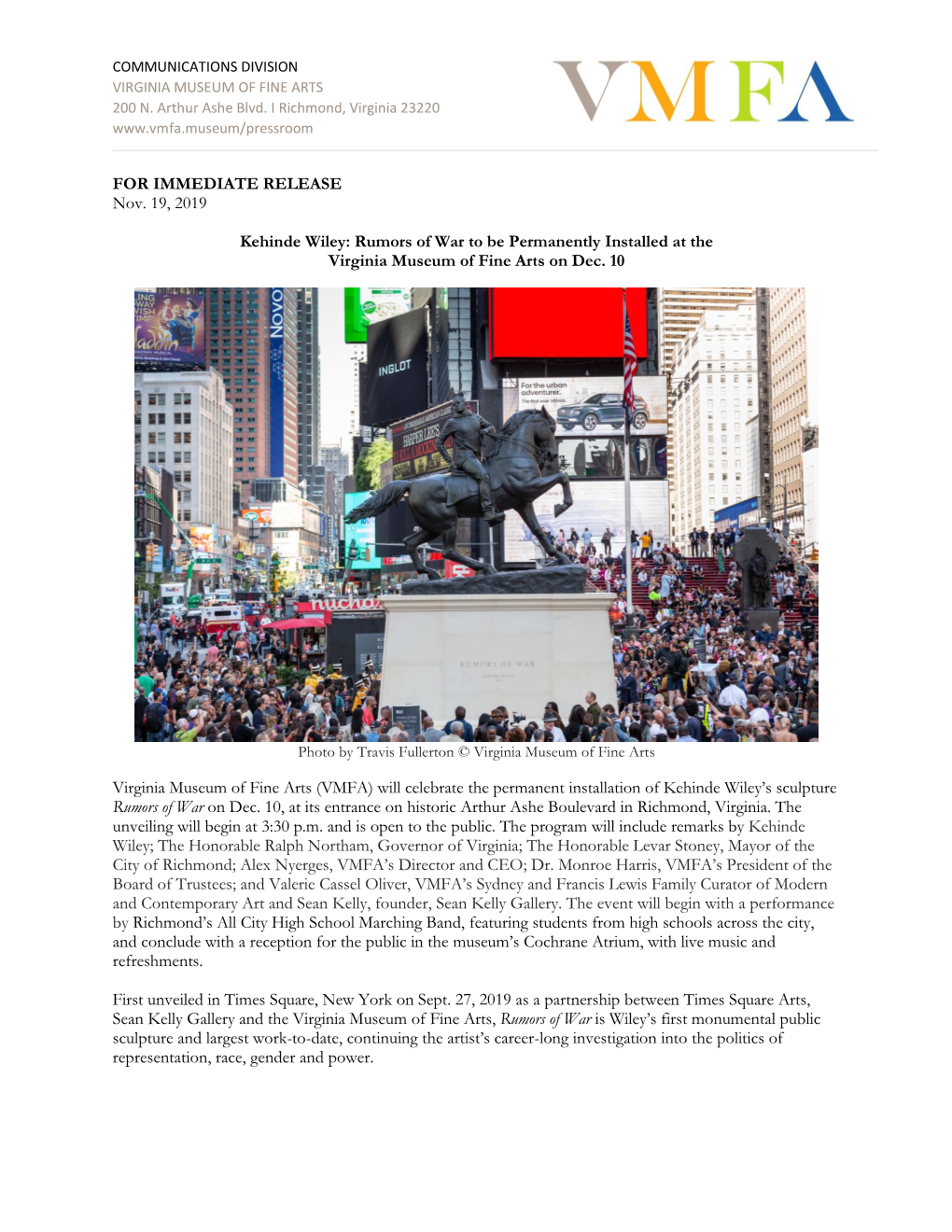 FOR IMMEDIATE RELEASE Nov. 19, 2019 Kehinde Wiley: Rumors Of