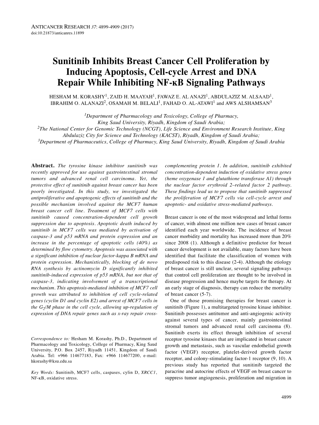 Sunitinib Inhibits Breast Cancer Cell Proliferation by Inducing Apoptosis, Cell-Cycle Arrest and DNA Repair While Inhibiting NF-ĸb Signaling Pathways HESHAM M