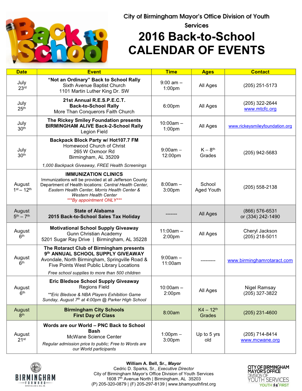 Back to School Calendar of Events