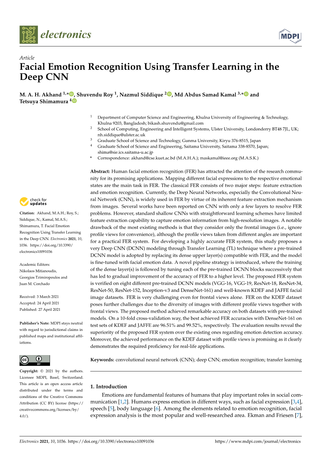 Facial Emotion Recognition Using Transfer Learning in the Deep CNN