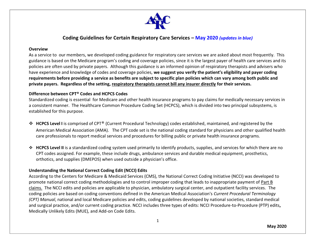 Coding Guidelines for Certain Respiratory Care Services – May 2020 (Updates in Blue)