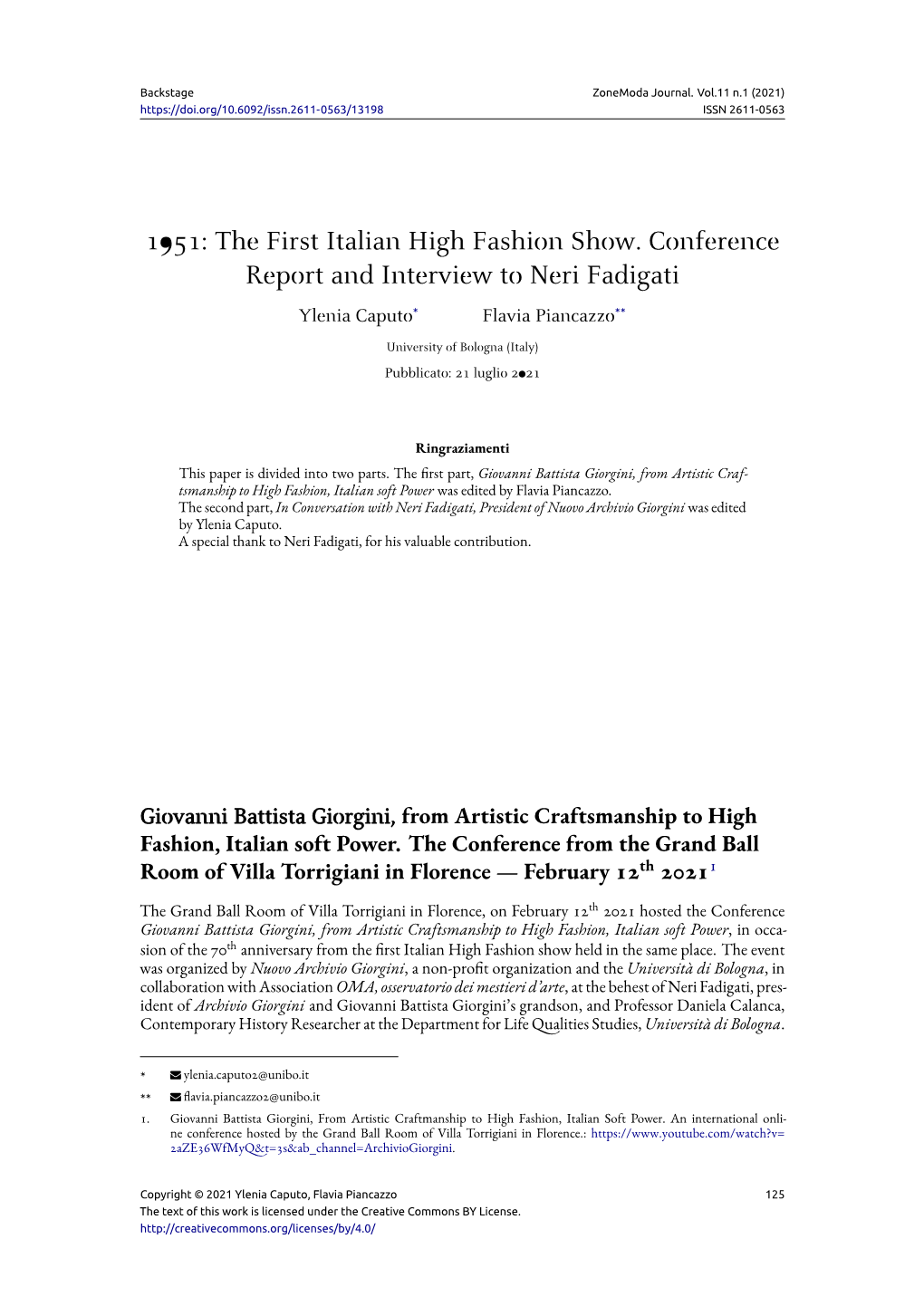 1951: the First Italian High Fashion Show. Conference Report and Interview to Neri Fadigati Ylenia Caputo* Flavia Piancazzo**
