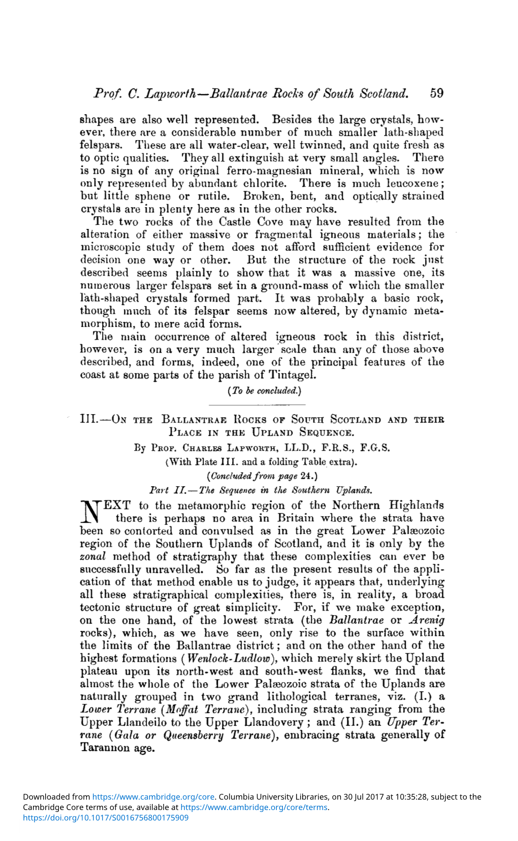 On the Ballantrae Rocks of South Scotland and Their Place in the Upland Sequence.] (To Face Page 69.)