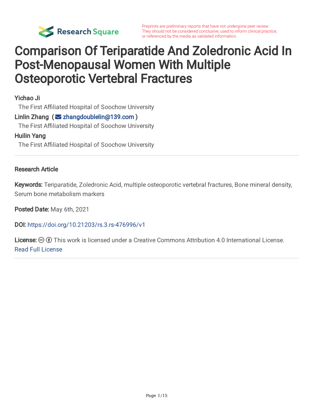 Comparison of Teriparatide and Zoledronic Acid in Post-Menopausal Women with Multiple Osteoporotic Vertebral Fractures