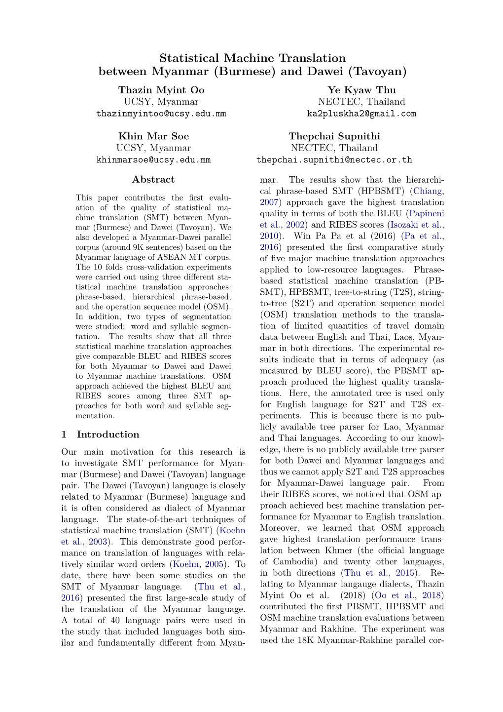 Statistical Machine Translation Between Myanmar (Burmese)