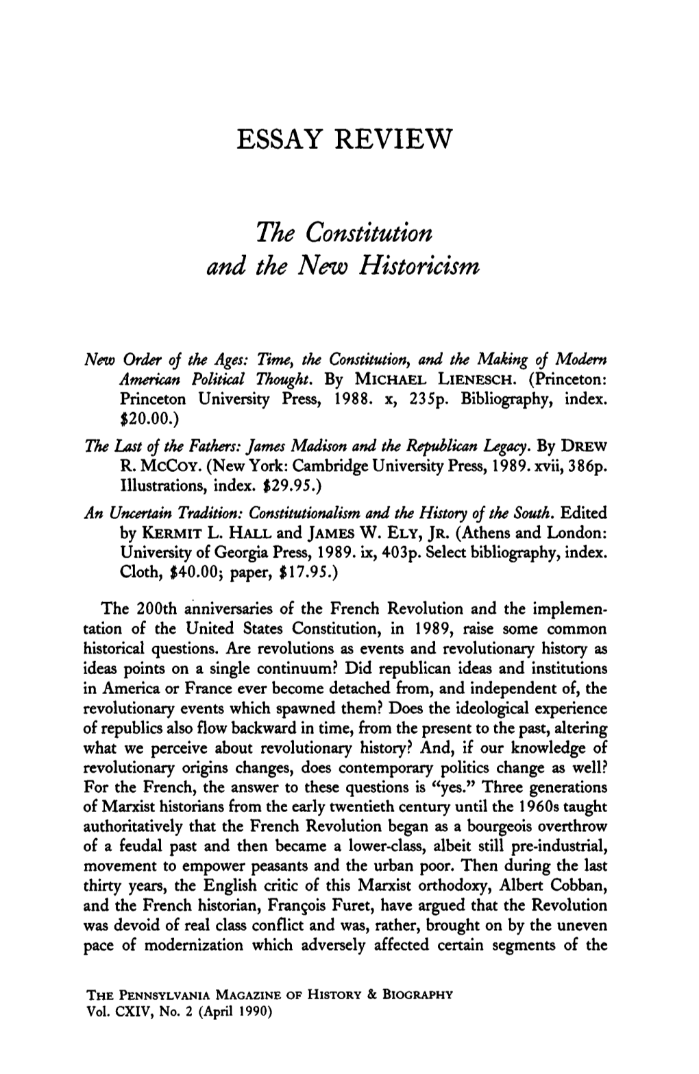 ESSAY REVIEW the Constitution and the New Historicism