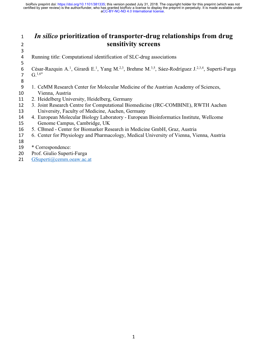 In Silico Prioritization of Transporter-Drug Relationships From