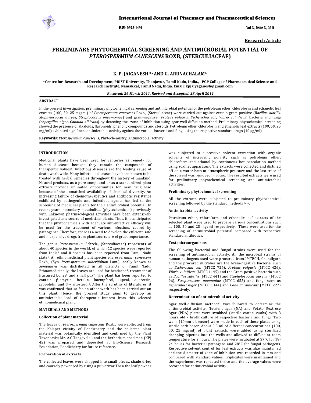 Preliminary Phytochemical Screening and Antimicrobial Potential of Pterospermum Canescens Roxb, (Sterculiaceae)