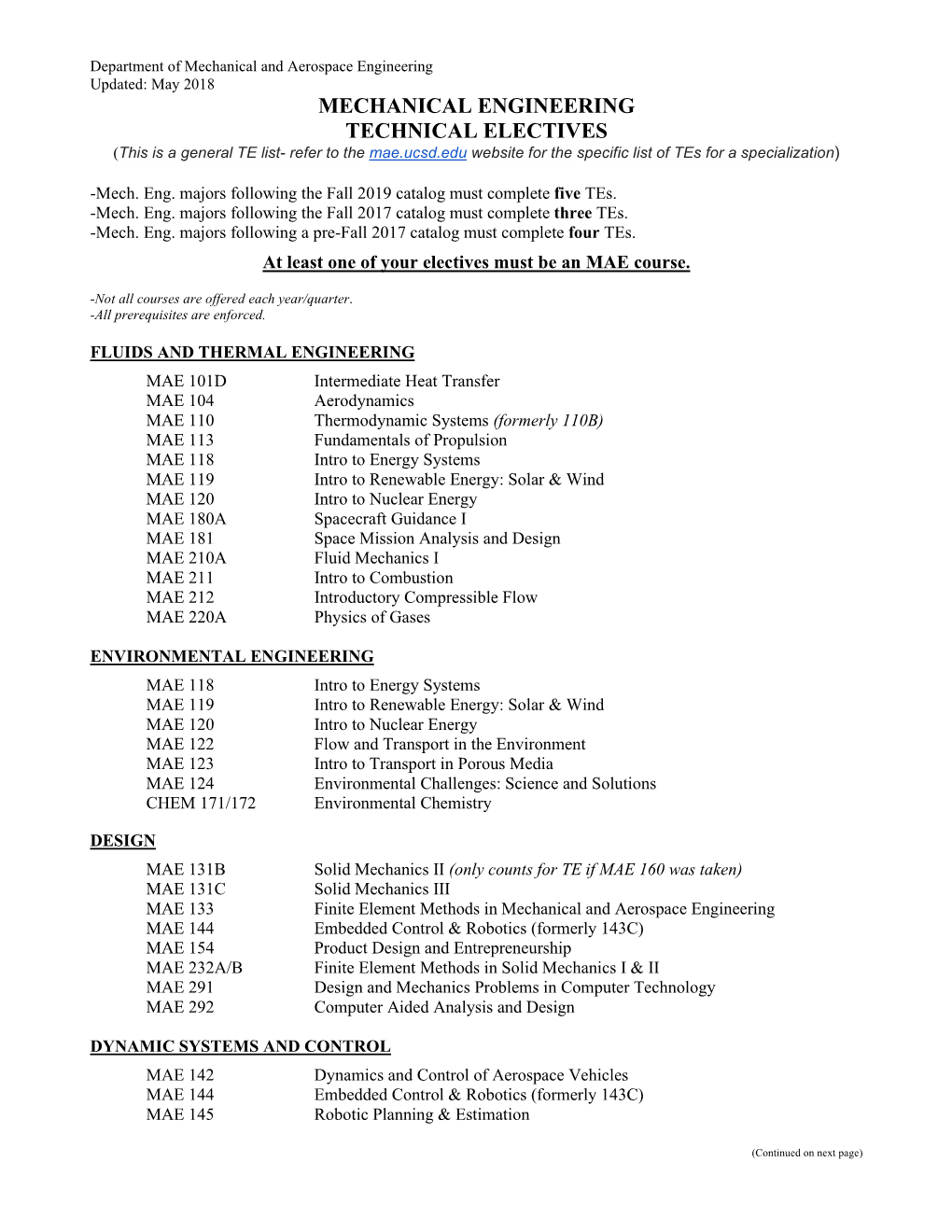 Approved Technical Electives in Mechanical Engineering