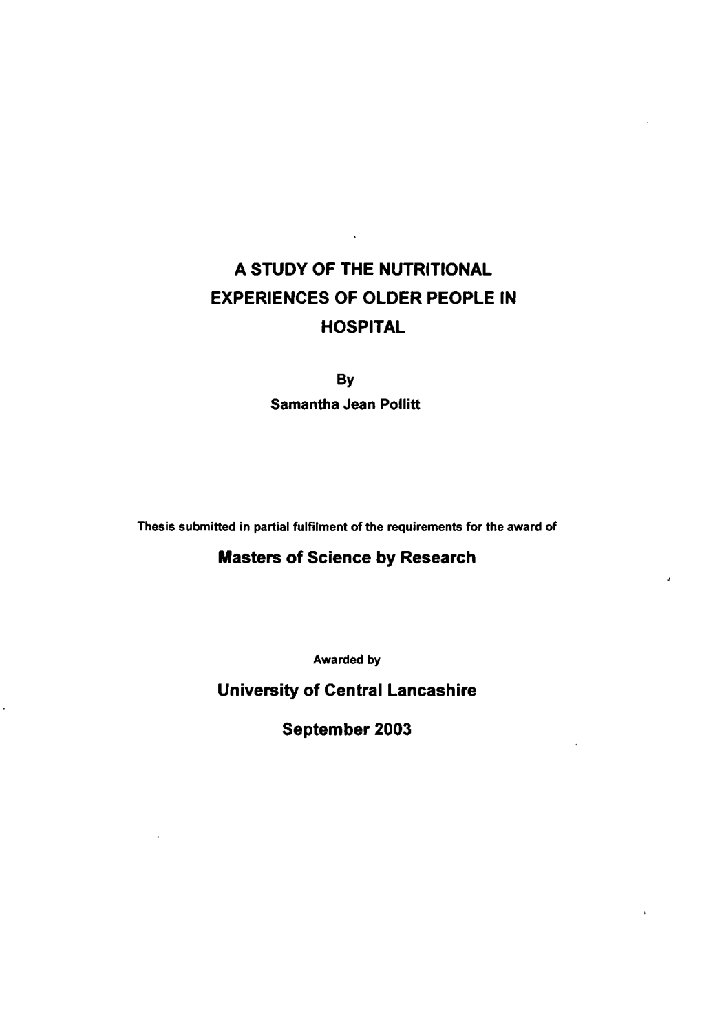 A Study of the Nutritional Experiences of Older People in Hospital