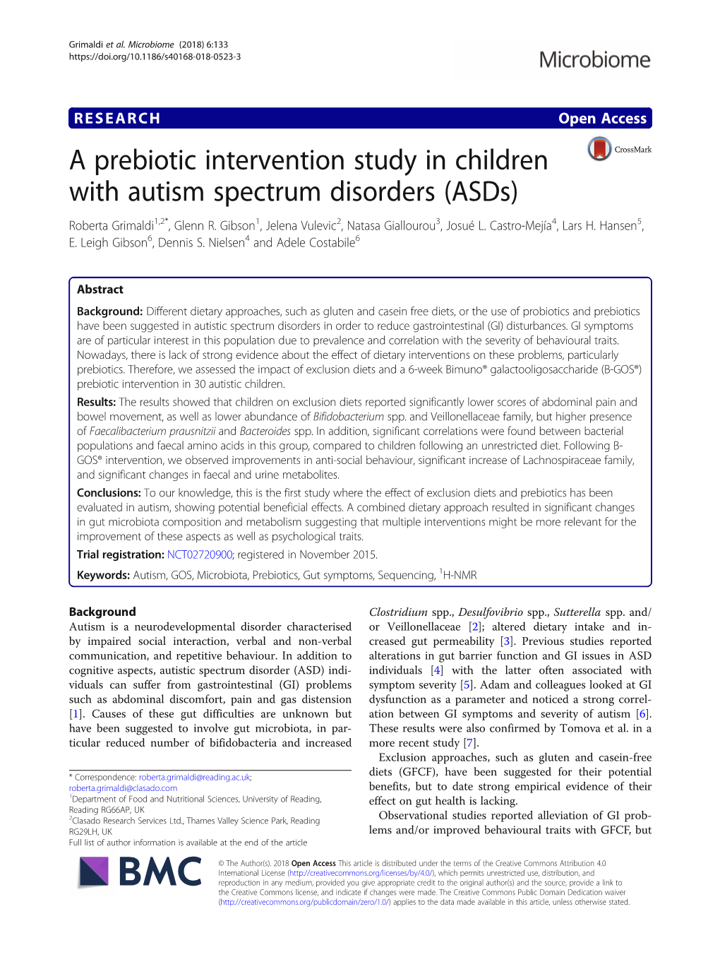 A Prebiotic Intervention Study in Children with Autism Spectrum Disorders (Asds) Roberta Grimaldi1,2*, Glenn R