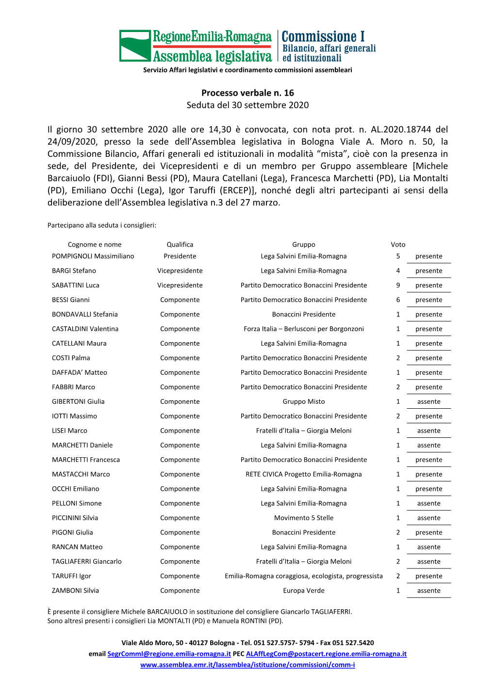 Processo Verbale N. 16 Seduta Del 30 Settembre 2020 Il Giorno 30