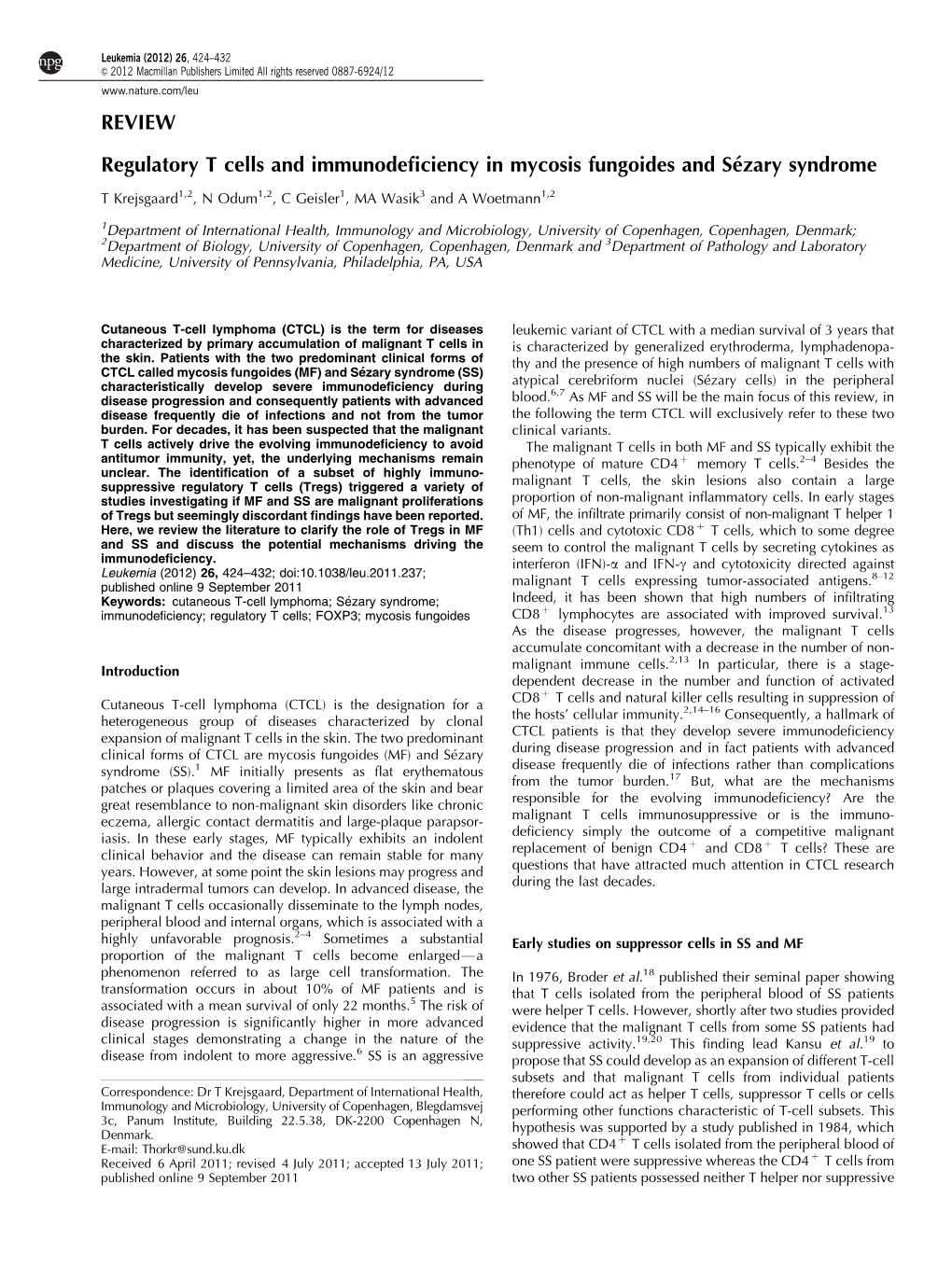 Regulatory T Cells and Immunodeficiency in Mycosis Fungoides and SÉ