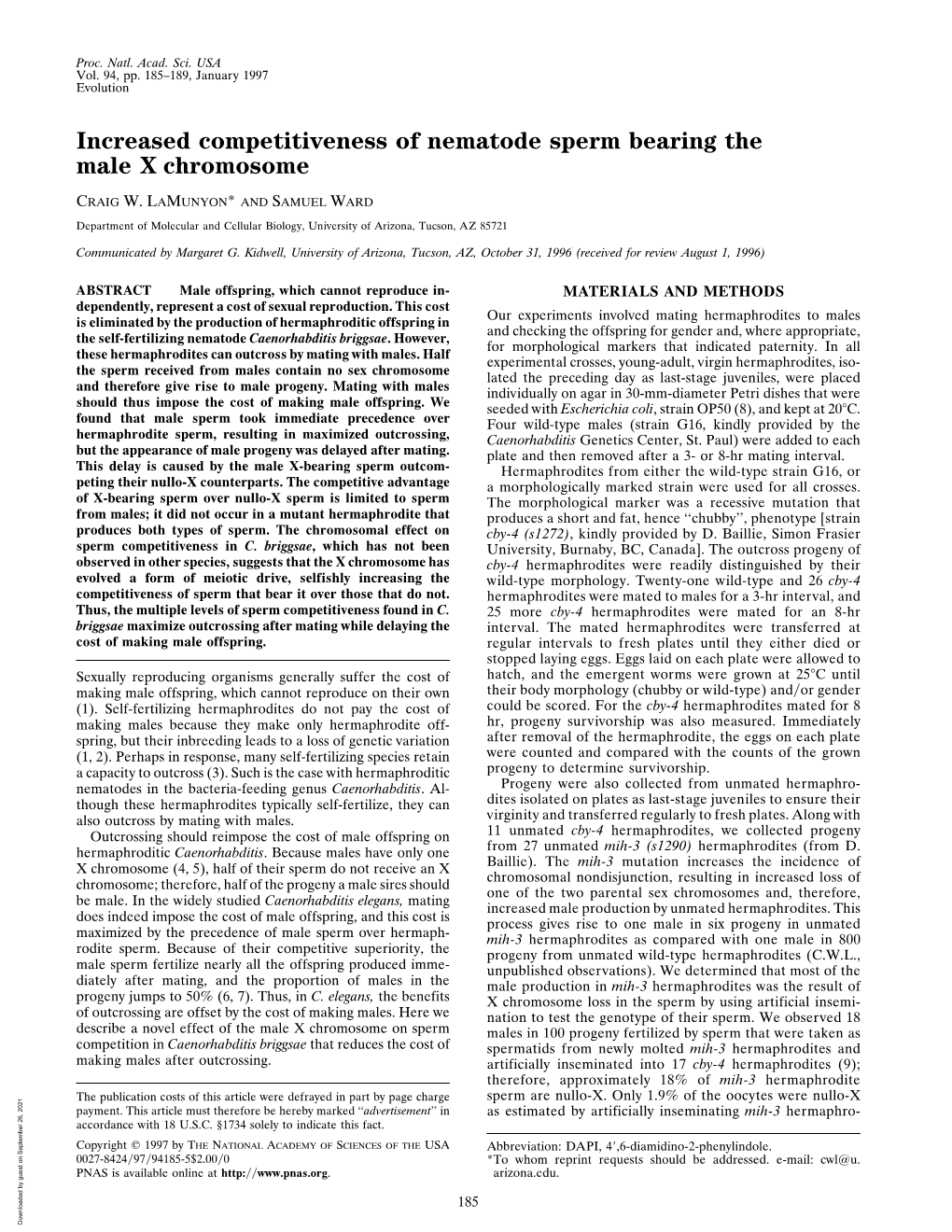 Increased Competitiveness of Nematode Sperm Bearing the Male X Chromosome