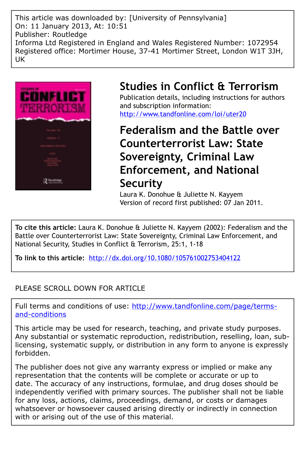 Federalism and the Battle Over Counterterrorist Law: State Sovereignty, Criminal Law Enforcement, and National Security Laura K