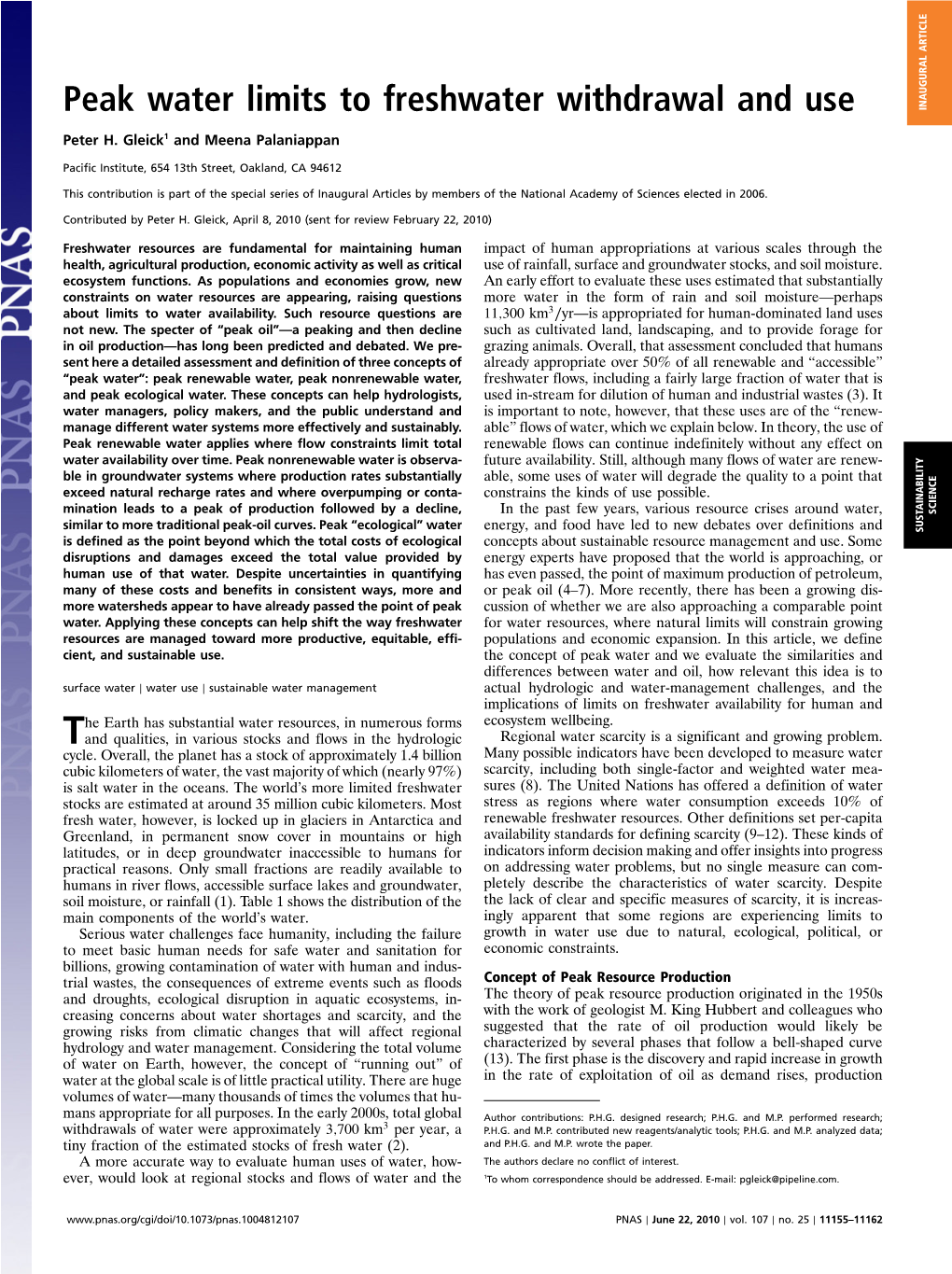 Peak Water Limits to Freshwater Withdrawal and Use INAUGURAL ARTICLE