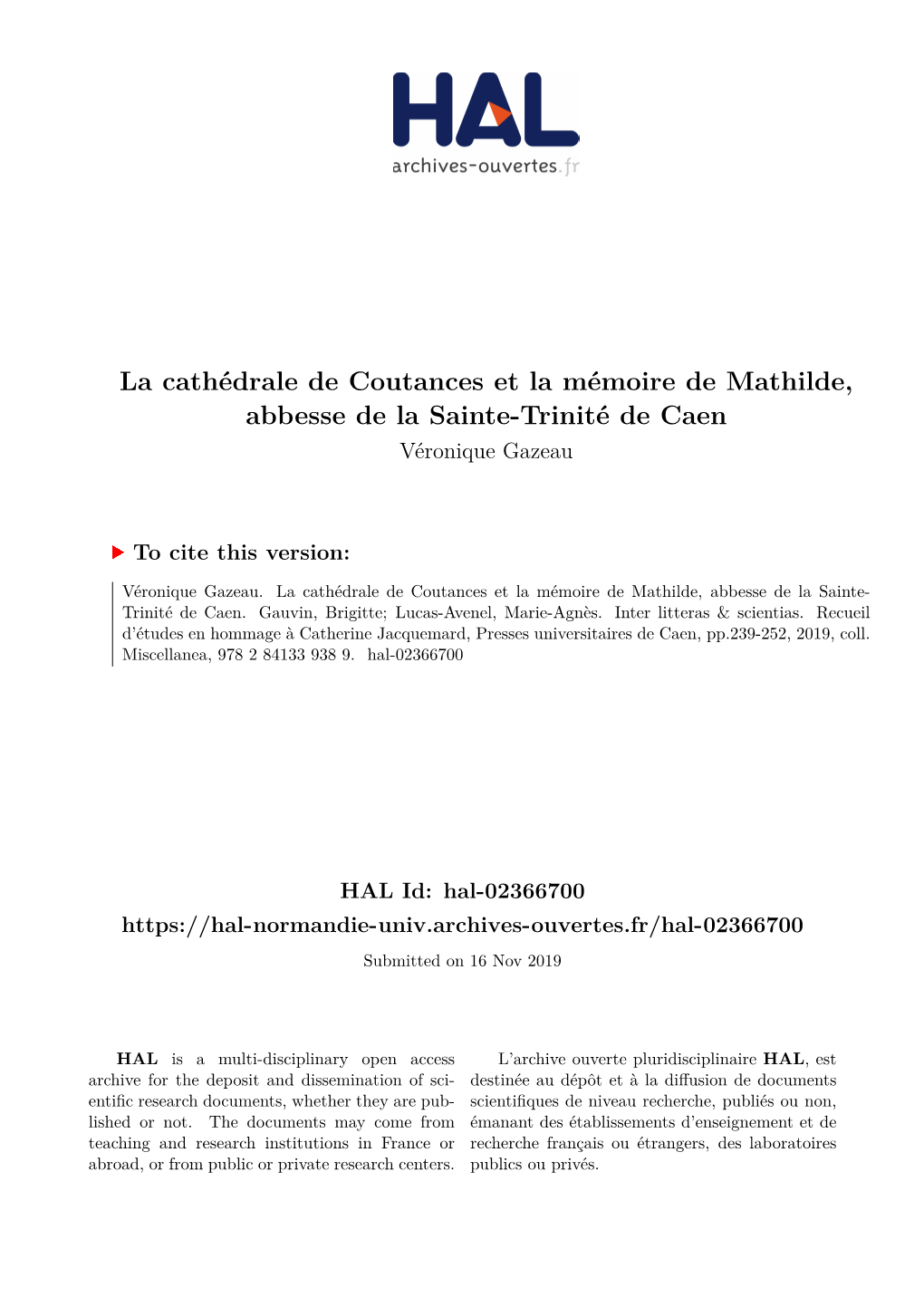 La Cathédrale De Coutances Et La Mémoire De Mathilde, Abbesse De La Sainte-Trinité De Caen Véronique Gazeau