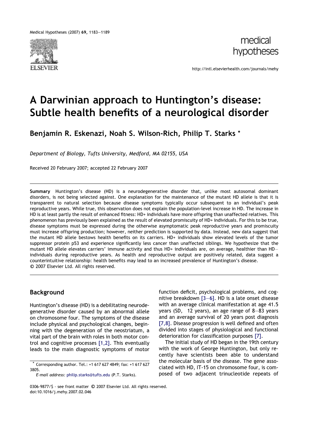 A Darwinian Approach to Huntington's Disease