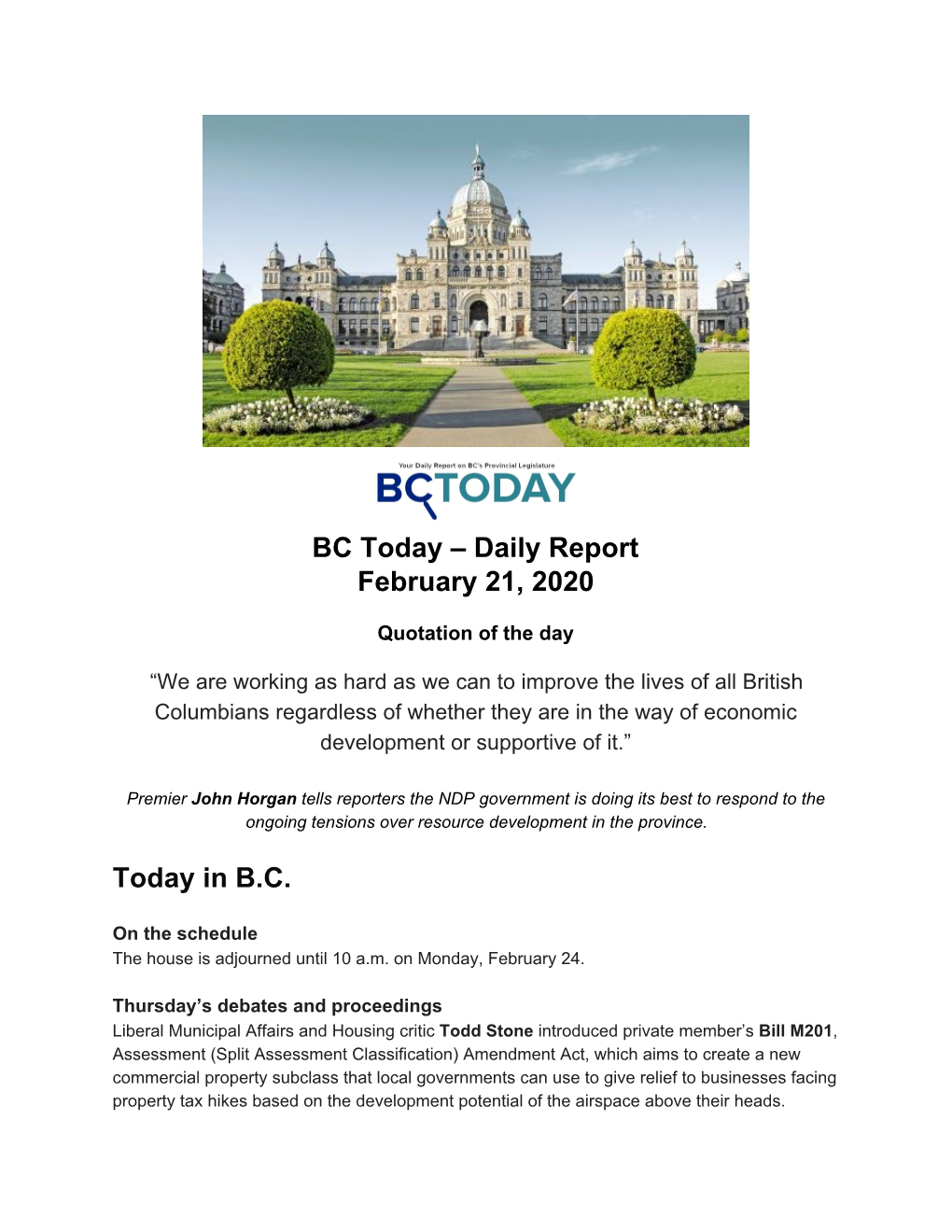 Daily Report February 21, 2020 Today in BC