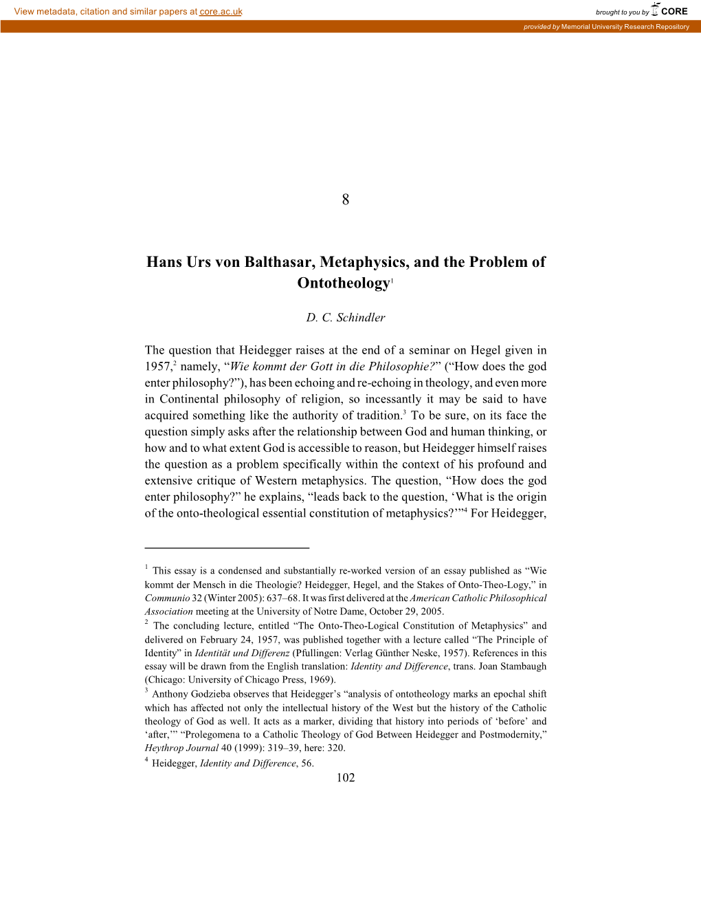 8 Hans Urs Von Balthasar, Metaphysics, and the Problem Of