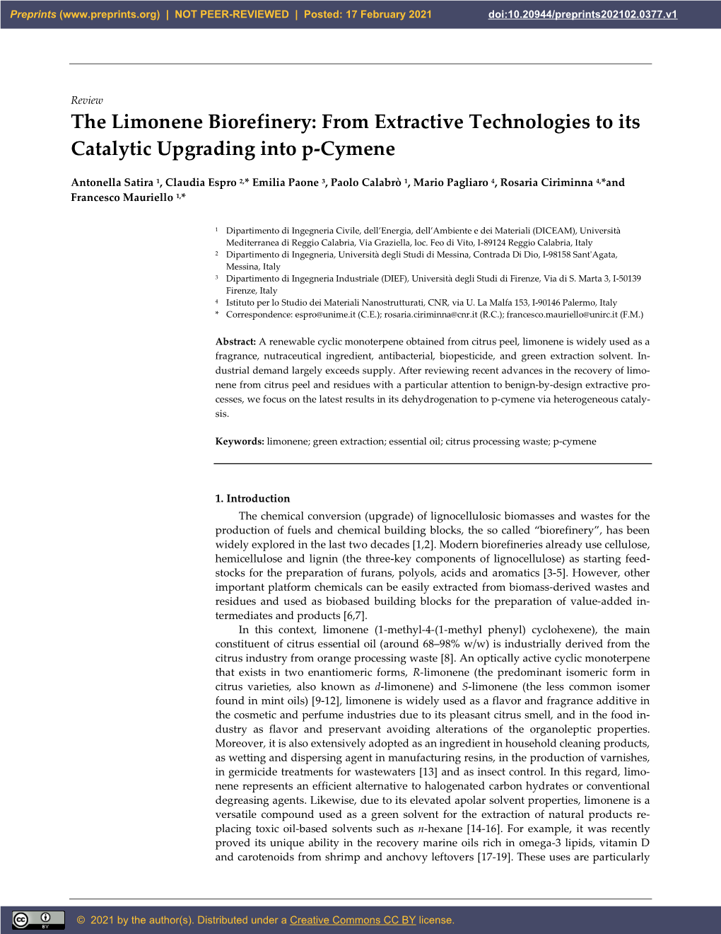 The Limonene Biorefinery: from Extractive Technologies to Its Catalytic Upgrading Into P-Cymene