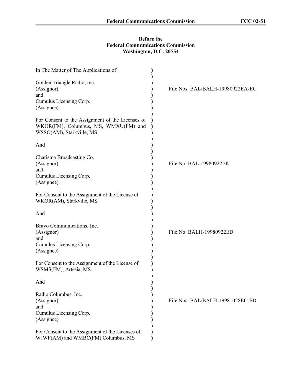 Federal Communications Commission FCC 02-51 Before the Federal