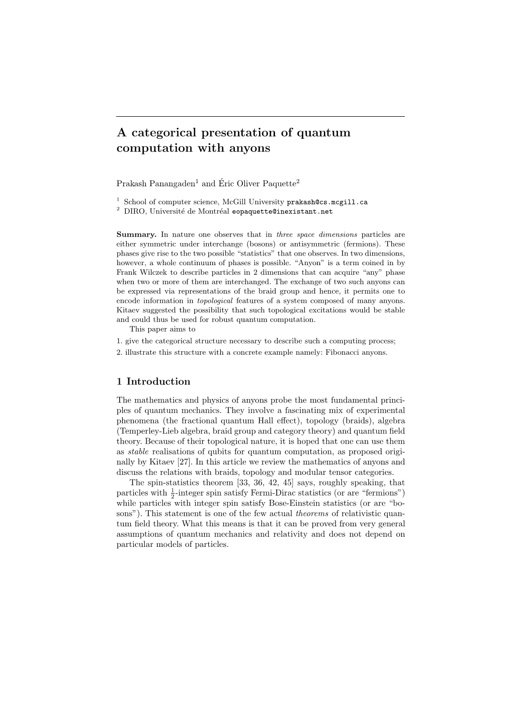 A Categorical Presentation of Quantum Computation with Anyons