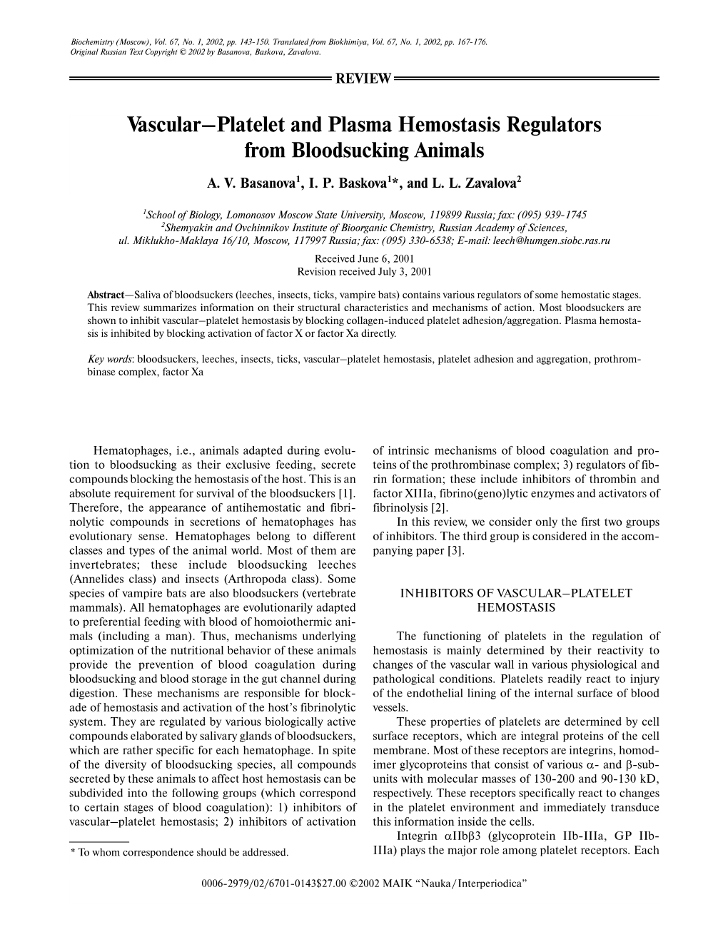 Vascular–Platelet and Plasma Hemostasis Regulators from Bloodsucking Animals