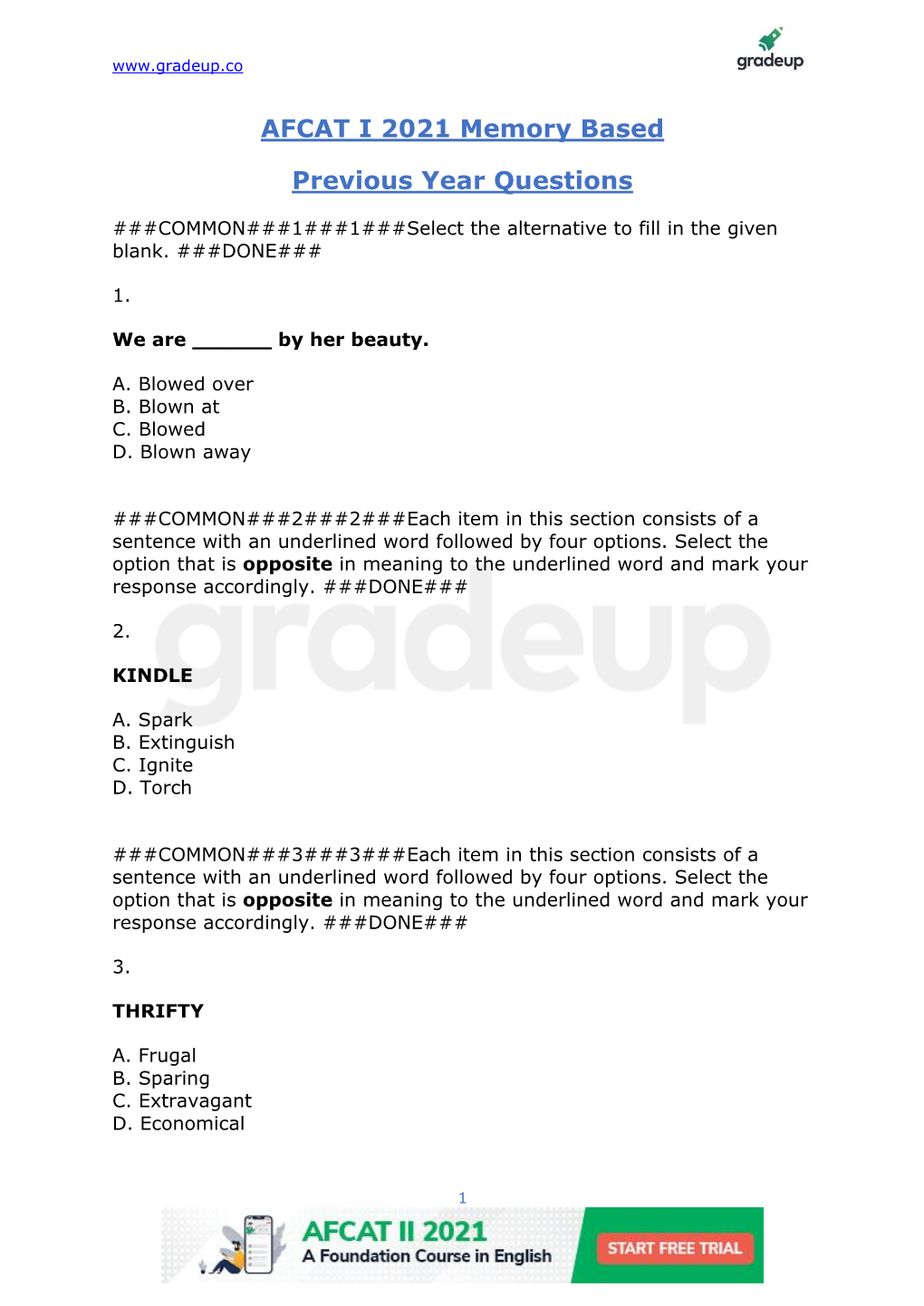 AFCAT I 2021 Memory Based Previous Year Questions