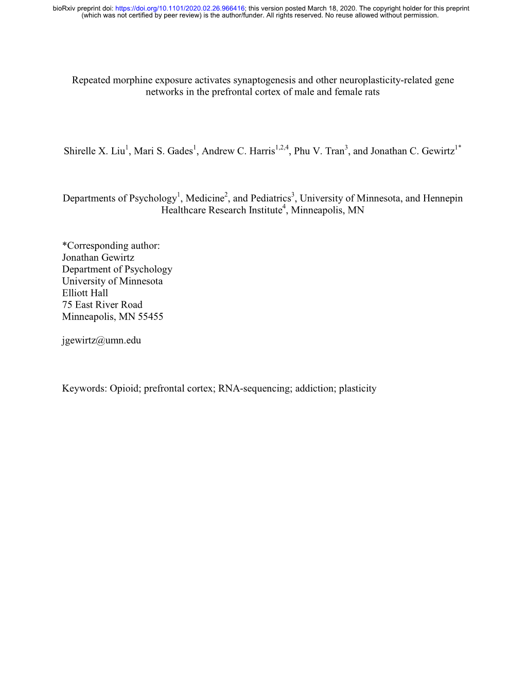 Repeated Morphine Exposure Activates Synaptogenesis and Other Neuroplasticity-Related Gene Networks in the Prefrontal Cortex of Male and Female Rats