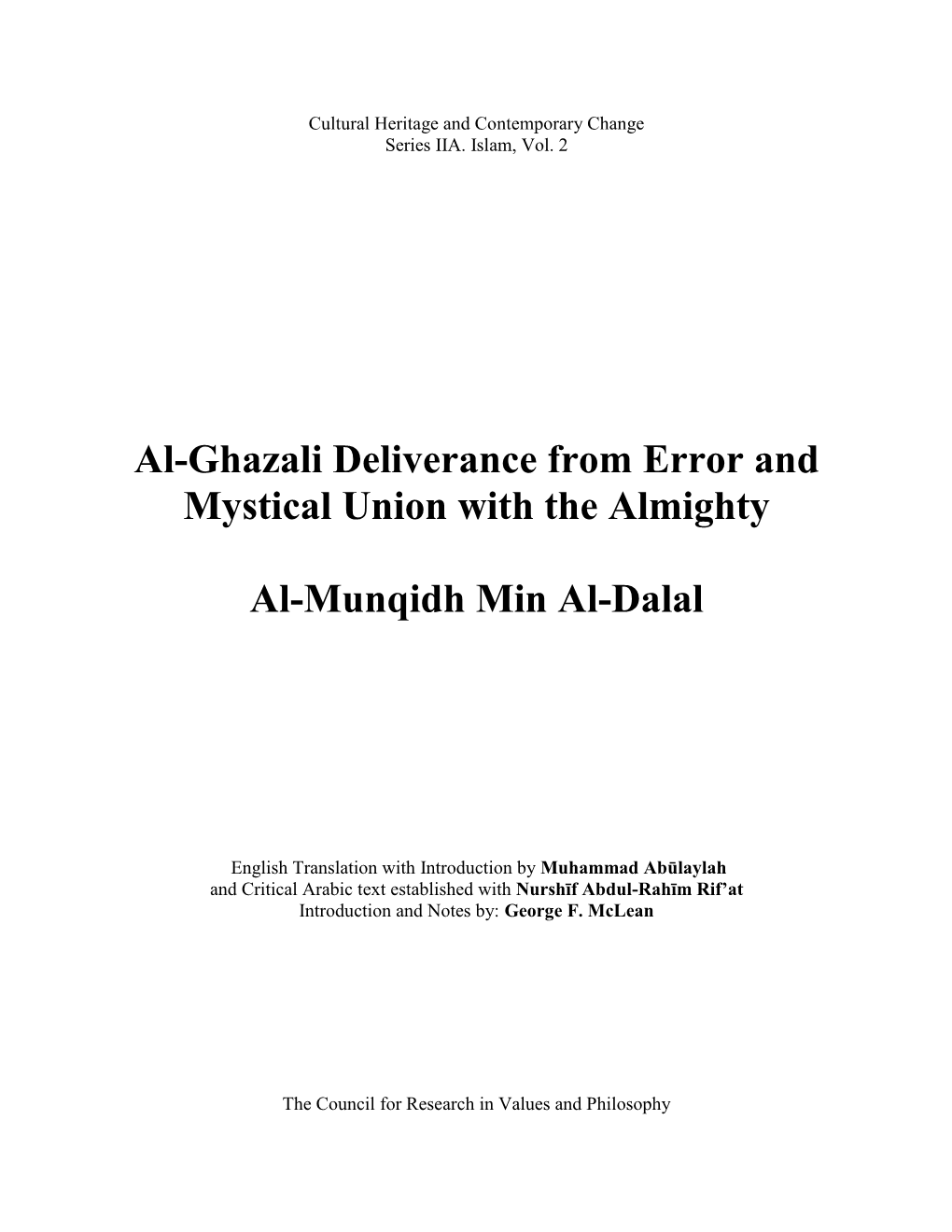 Al-Ghazali Deliverance from Error and Mystical Union with the Almighty Al