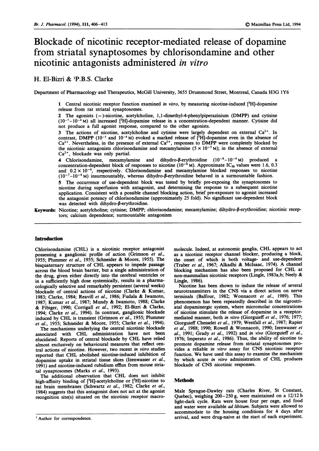 Nicotinic Antagonists Administered in Vitro H