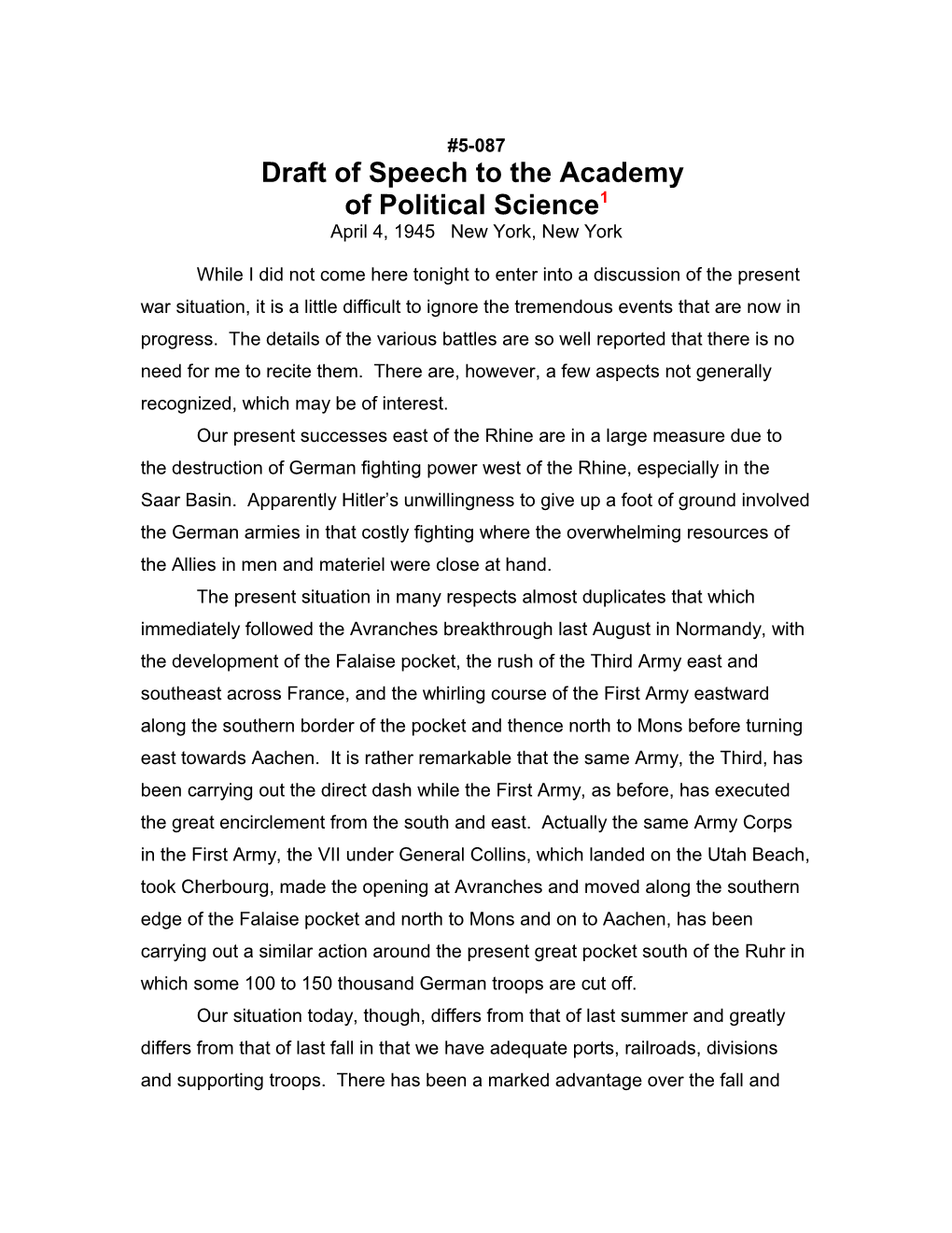 Draft of Speech to the Academy