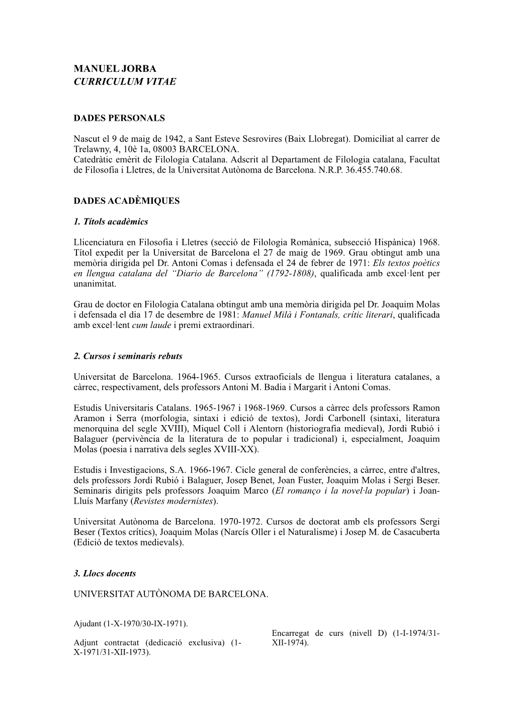 Manuel Jorba Curriculum Vitae