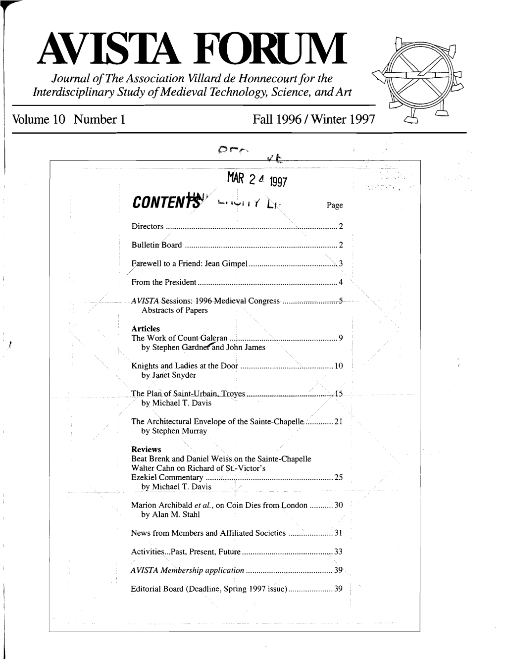 Avisn FORUM Journal of the Association Ellard De Honnecourt for the Interdisciplinary Study of Medieval Technology, Science, and Art