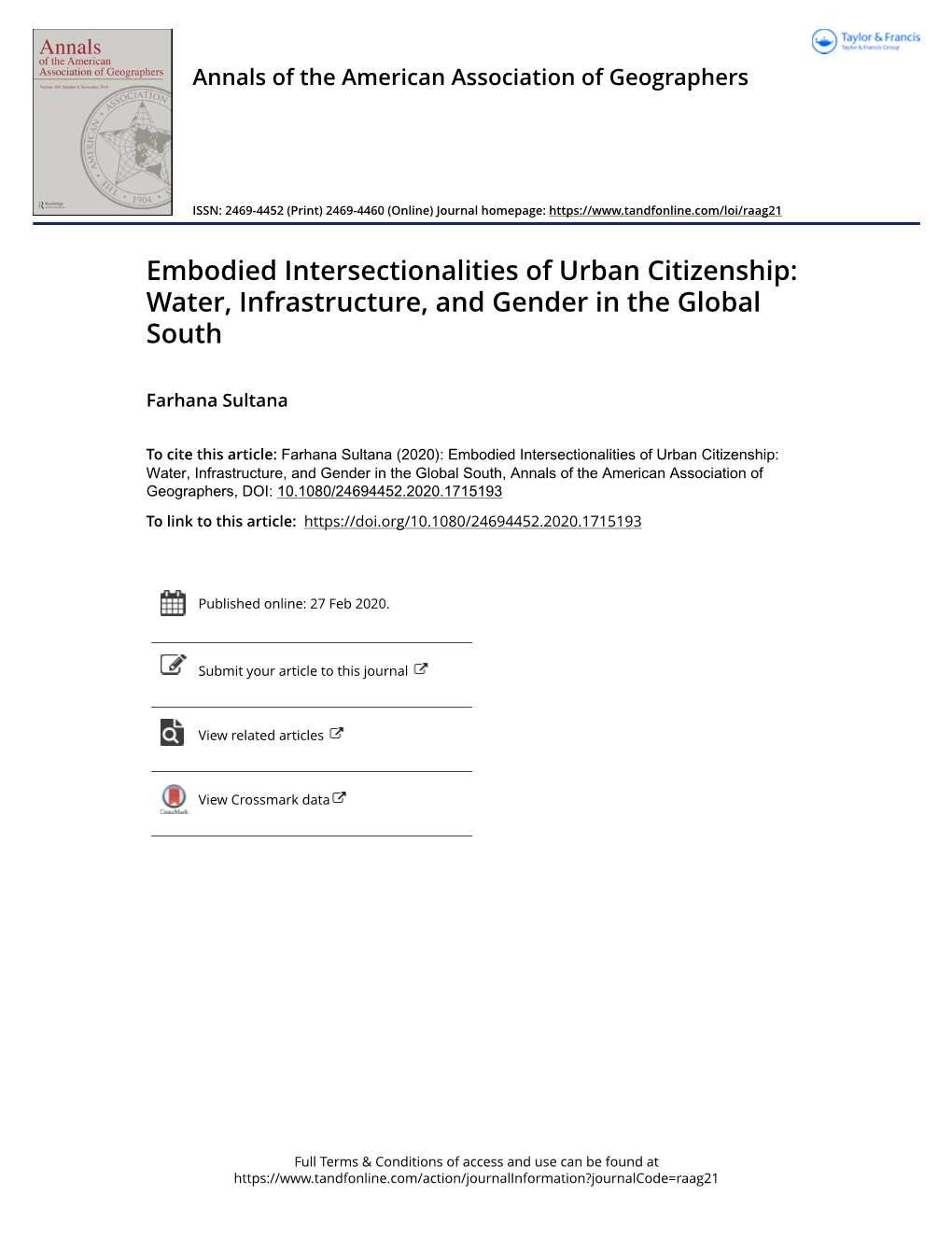 Embodied Intersectionalities of Urban Citizenship: Water, Infrastructure, and Gender in the Global South