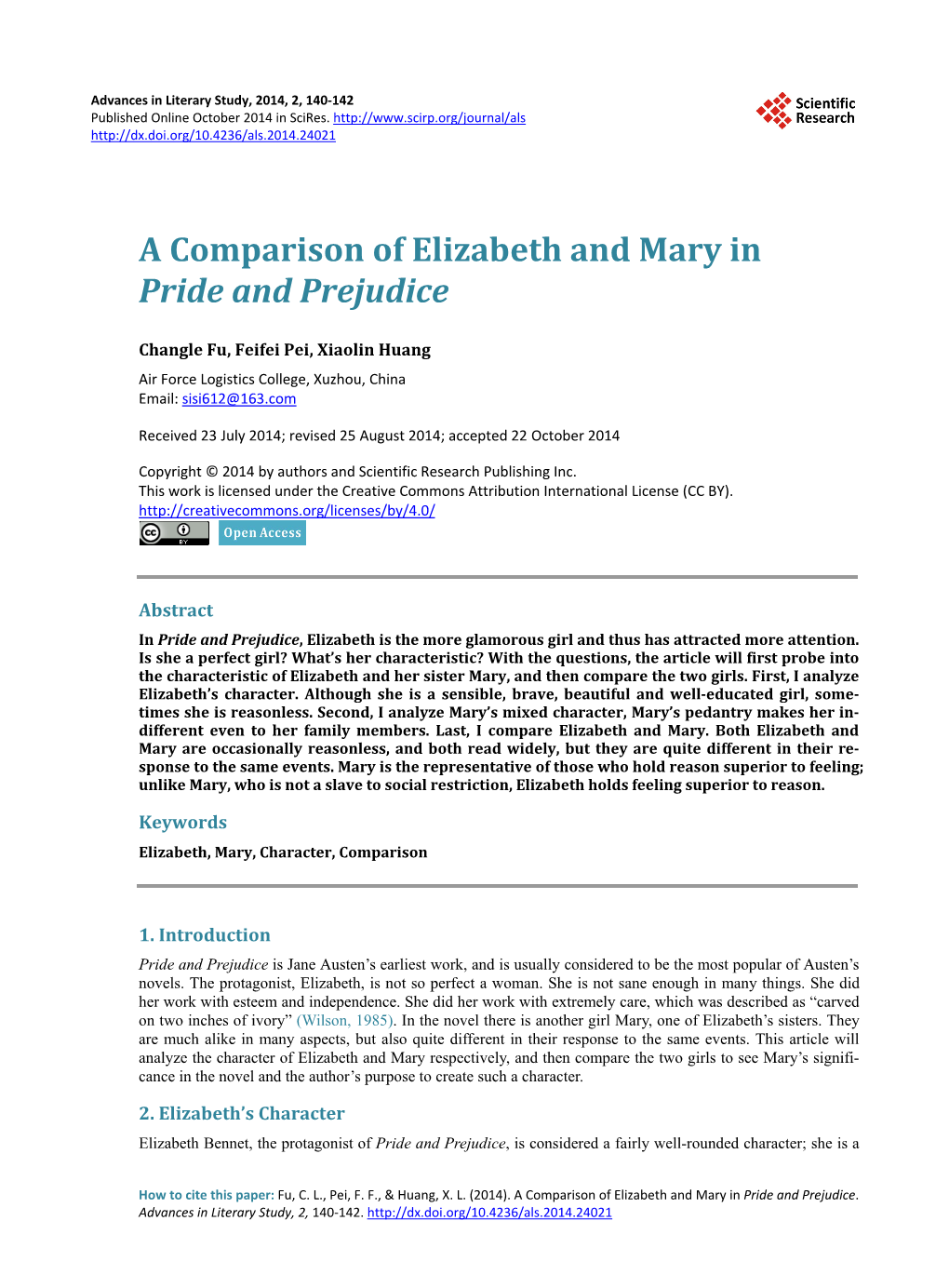 A Comparison of Elizabeth and Mary in Pride and Prejudice