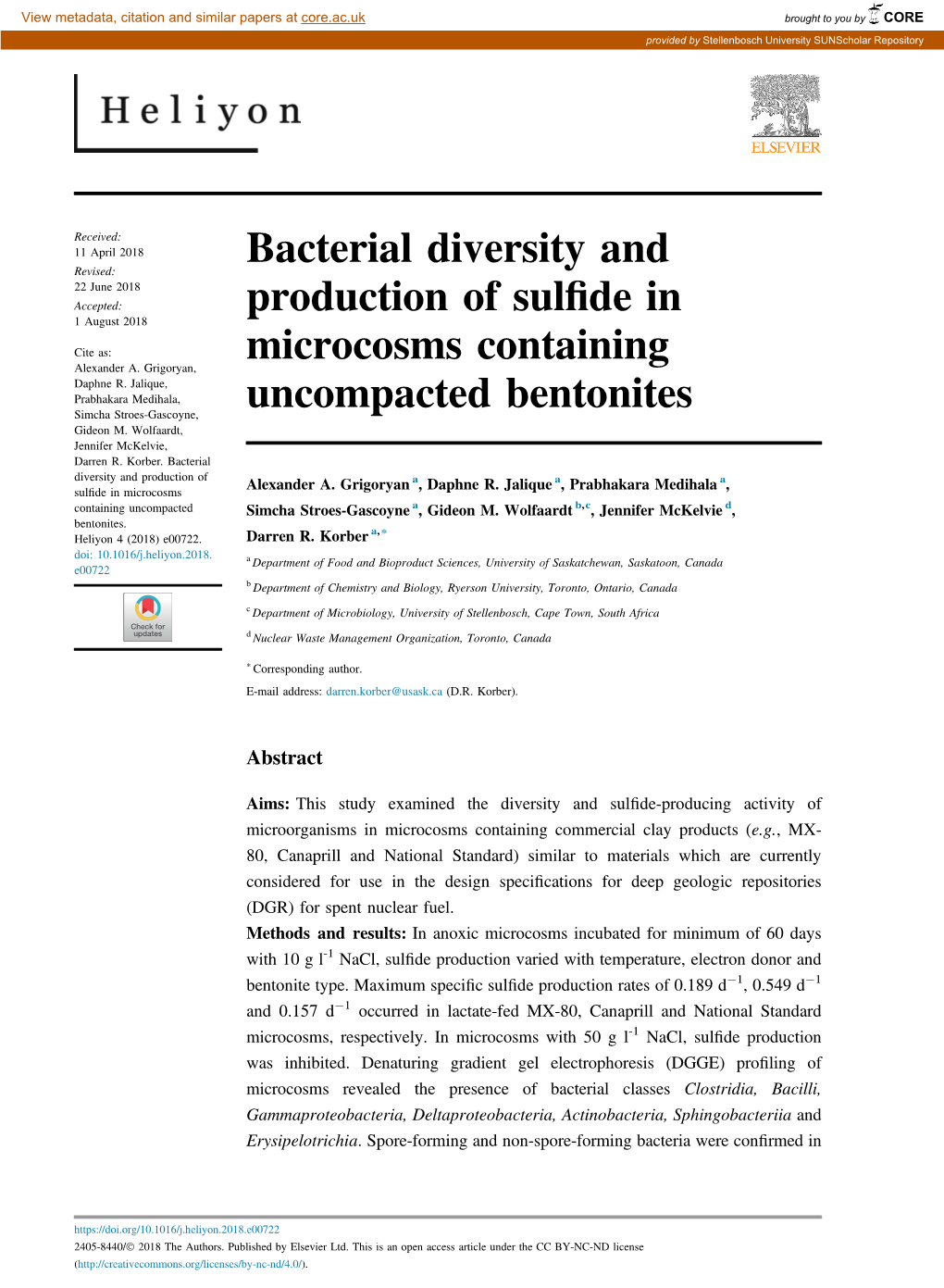 Bacterial Diversity and Production of Sulfide in Microcosms Containing