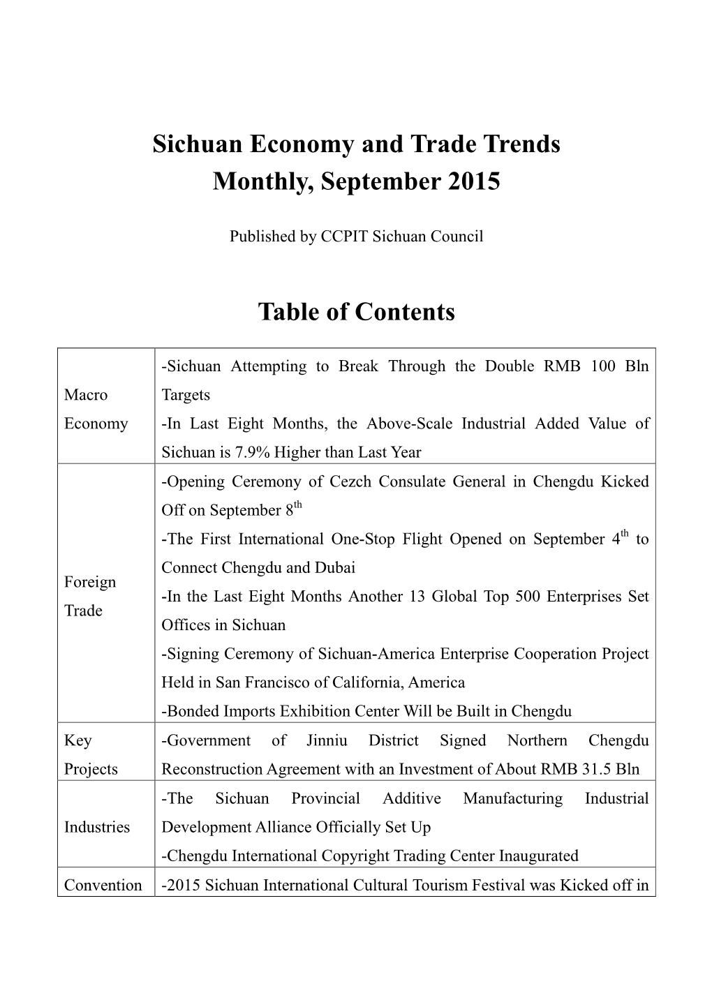 Sichuan Economy and Trade Trends Monthly, September 2015 Table Of