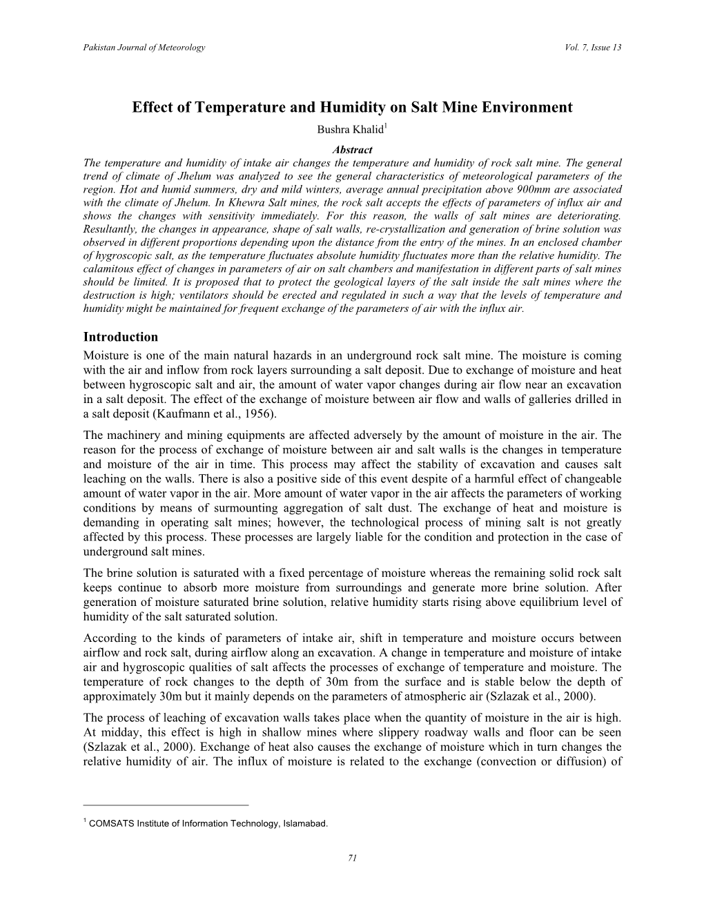 Effect of Temperature and Humidity on Salt Mine Environment