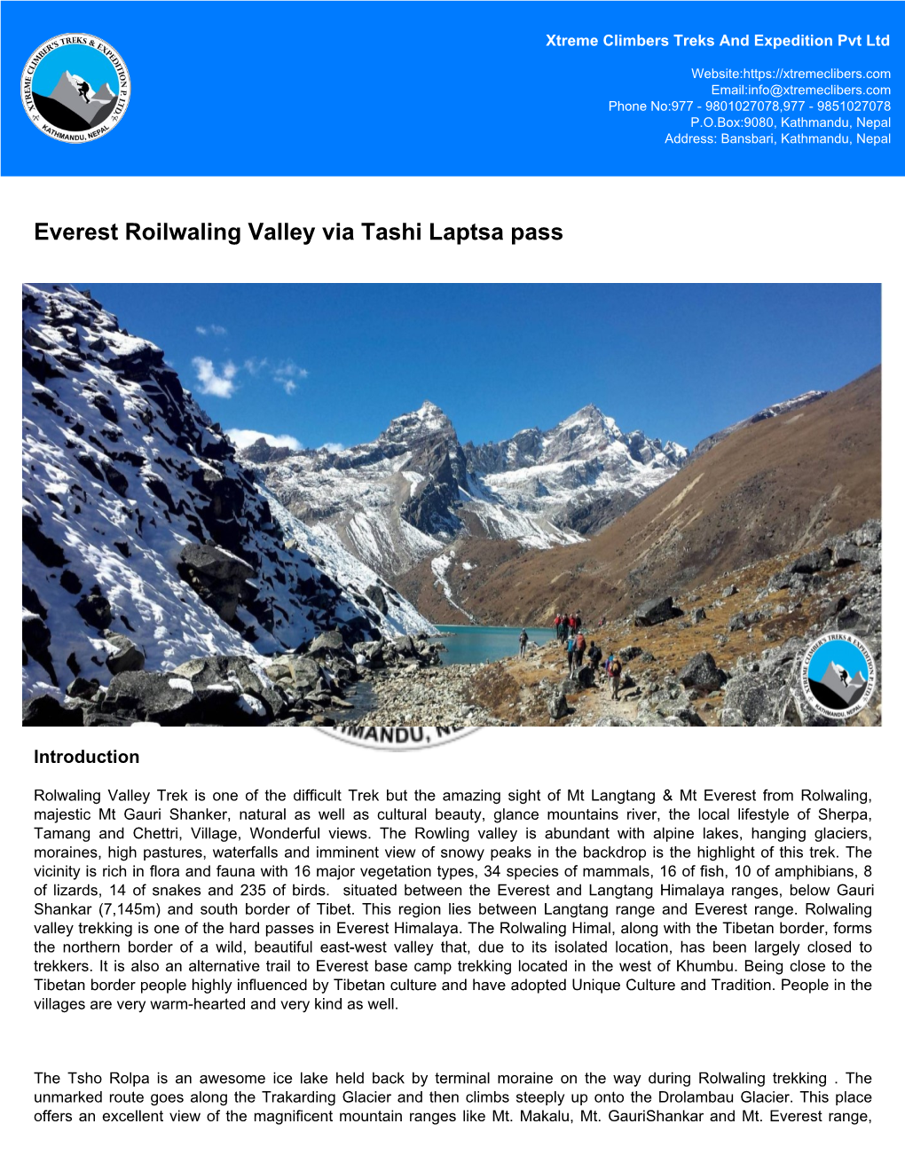 Everest Roilwaling Valley Via Tashi Laptsa Pass