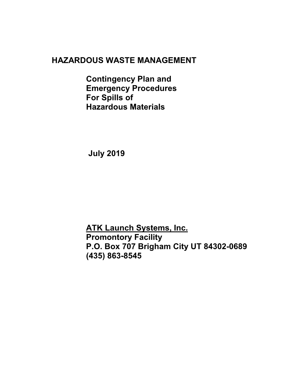 HAZARDOUS WASTE MANAGEMENT Contingency Plan